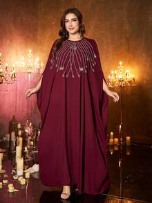 大码女式圆领纯色连衣裙，优雅柔软的连衣裙，带有刺绣、串珠和多种工艺，适合节日、休闲场合 - 酒紅色 - 查看 6