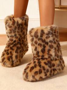 New Winter Warm Plush Artificial Fur Women's Snow Boots - Leopard Pattern Ankle Boots, Soft Lining, Comfortable Slip On Design, Suitable For Outdoor And Indoor Wearing In Cold Weather, Neutral Short Ankle Sexy Leopard Pattern Snow Boots - Solid Color Classic, Ultra Smooth Fur Touching The Ground, Perfect Choice For Christmas And Halloween Gifts, Y2K Style! Y2K Fashionable Men's And Women's Snow Boots - Made Of Synthetic Washed Bear Skin, Silky Ground Touching Fur, Classic Solid Color Tones, Ideal Choice For Christmas And Halloween Party Boots! - Họa tiết da báo - Xem 3