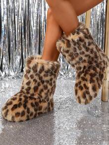 New Winter Warm Plush Artificial Fur Women's Snow Boots - Leopard Pattern Ankle Boots, Soft Lining, Comfortable Slip On Design, Suitable For Outdoor And Indoor Wearing In Cold Weather, Neutral Short Ankle Sexy Leopard Pattern Snow Boots - Solid Color Classic, Ultra Smooth Fur Touching The Ground, Perfect Choice For Christmas And Halloween Gifts, Y2K Style! Y2K Fashionable Men's And Women's Snow Boots - Made Of Synthetic Washed Bear Skin, Silky Ground Touching Fur, Classic Solid Color Tones, Ideal Choice For Christmas And Halloween Party Boots! - Họa tiết da báo - Xem 7
