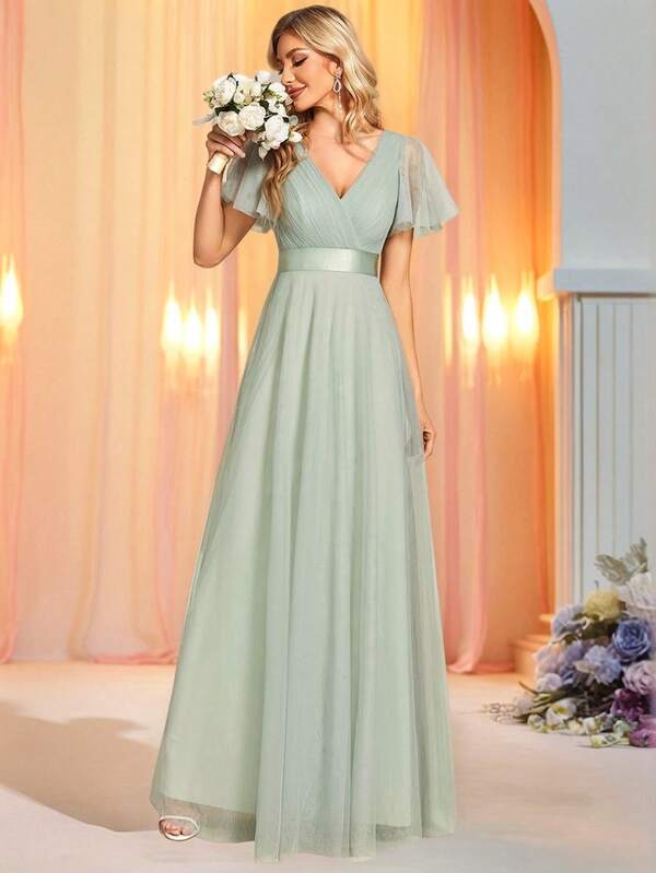 EVERPRETTY Fall Elegant V Neck Maxi A-Line Tulle Sage Green Bridesmaid Dress Wedding Guest Dress For Wedding Formal Event
