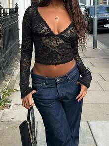 Áo nữ dài tay cổ chữ V ren WOWDARK mùa hè, màu đen, thời trang và gợi cảm, thích hợp cho ngày Valentine, hẹn hò, du lịch, nghỉ mát, đi biển và các dịp khác. - màu đen - Xem 10