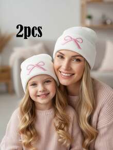 两件套刺绣蝴蝶结针织帽，一顶成人款和一顶儿童款，母女同款保暖针织帽，适合1-6岁儿童，秋冬季 - 2pcs - 查看 3