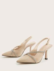 Apricot Faux Suede Rhinestone Decor Pointed Toe Stiletto Heel Pumps, Versatile For Daily Wear, Party, Fashion,High Heels - Apricot - View 3