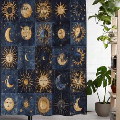 1 Pc Splicing Sun, Moon, Star Print Shower Curtain, Polyester Material Shower Curtain, Curtain With 12 Hooks Curtain For Windows Bathroom Decor