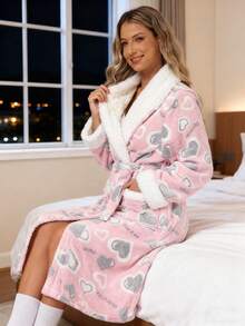 Latest Women's Long Thermal Nightdress, Soft And Warm Long Printed Fluffy Bathrobe, Autumn/Winter Thickened Bathrobe, Women's Casual Knitted Knee-Length Robe With Tie Waist, Standard Cuffs For Comfortable Sleepwear, Pocketed Shower Robe For Home Wear.