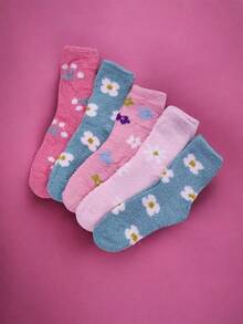 Miriam 6 Pares de Calcetas Afelpadas, Multicolor, Suaves, Diseño de Flores, Ligeras y Comodos. - Multicolor - Ver 2