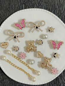 18pcs Elegant Faux Pearl, Bow & Glitter Bear Shoe Clips, ABS Glitter Pink Bow DIY Decorations, Versatile Accessories For Women's Sandals, Slippers, Beach Bags, Great Gift For Mother's Day And Holiday Parties