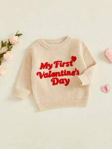 Conjunto para mi primer día de San Valentín para bebé niño niña, suéter de punto con forma de corazón, sudadera de manga larga de gran tamaño, suéter de cuello redondo, prendas de punto gruesas, tops, ropa de invierno y primavera de 0 a 18 meses - Caqui - Ver 6