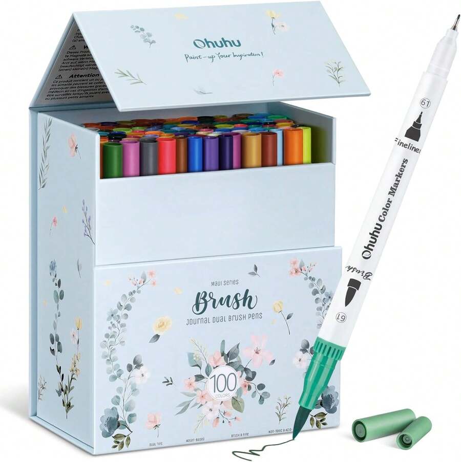 Ohuhu Markers For Adult Coloring Books No Bleeding 100 Colors Coloring Markers Water-Based Dual Tips Fineliner & Brush Drawing Pens Art Pens For Adults Sketch Journal - Maui - White - 100色 - 查看 1