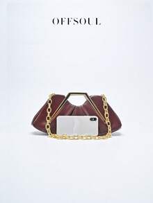 Vintage Asymmetrical Ruffle Cloud Clutch Bag, Unique Metal Hardware Handbag, High-End Retro Clutch Purse For Party, Banquet - 酒紅色 - 查看 9