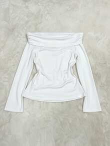 白色休闲纯色露肩长袖上衣，春季款 - 白色 - 查看 2