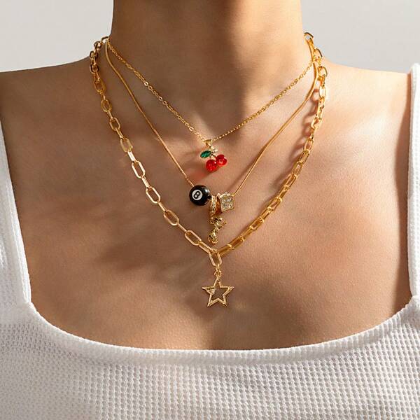 Acrylic Cherry, Alloy Star, Leopard Print Dice Pendant Multilayer Necklace For Women