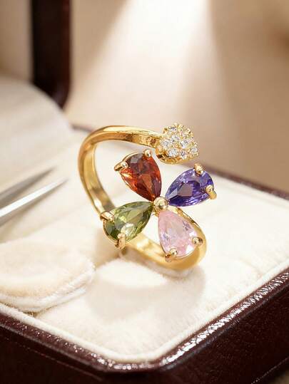 1pc Fashionable Minimalist Gold-Plated Colorful Zirconia Four-Leaf Clover Ring, Suitable For Women's Daily Wear, Eid Al-Fitr, Eid Al-Adha, Shopping, Party, Travel, And Gift