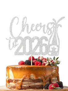 1个黑色/金色/银色/玫瑰金/红色“Cheers To 2026”新年蛋糕装饰插牌，新年快乐主题蛋糕装饰签，欢迎来到2026新年蛋糕装饰，新年除夕派对 - 彩色 - 查看 6