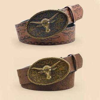 1条复古牛角扣纯色波西米亚风PU皮女式腰带