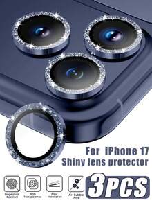 3pcs Apple Camera Lens Protector Film, Fit For IPhone 17 Pro/17 Pro Max/16 Pro Max/16 Pro/15 Pro Max/15 Pro/14 Pro Max/14 Pro, Glossy Design, 9H Tempered Glass, Metal Separate Ring Decor Accessory, Shiny Dark Blue - Navy Blue - View 15
