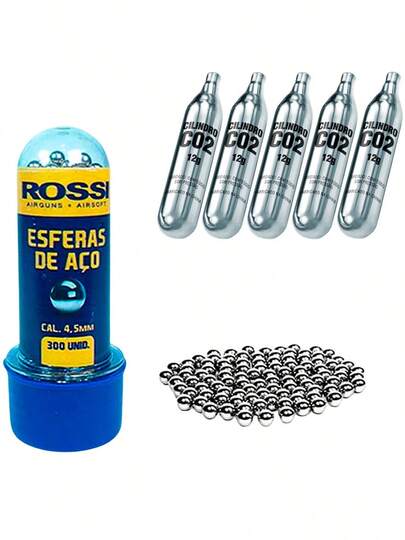 300 Esferas de Aço 4.5mm Rossi Niqueladas e 5 Cilindros CO2 12g Para Pistola Revólver Pressão Airgun