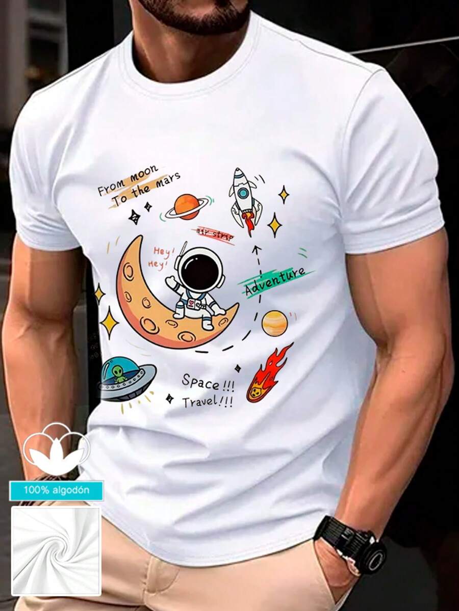 Camiseta 100% algodón para hombre con un elegante estampado universo animado de alta gama. Camiseta informal y cómoda de manga corta con cuello redondo. Perfecta para primavera y verano, ideal para cualquier ocasión. Color liso, informal y para uso diario. Camiseta ligera y transpirable de manga corta para verano (Tallas S, M, L, XL, XXL y XXXL). - Blanco - Ver 1
