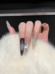 10片酷炫前卫手工亚克力美甲贴片，黑色渐变，银色十字架，星星和水钻装饰，长款尖头假指甲，DIY美甲用品，可重复使用，附赠果冻胶和指甲锉，日常、节日、秋冬季必备 - 黑與白 - 查看 3