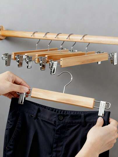3/5/10pcs Natural Wooden Clothes Hangers, Wooden Pants/Skirt Hangers With Adjustable Metal Clips, Great For Back To School, Valentine's Day And Other Holiday Gifts