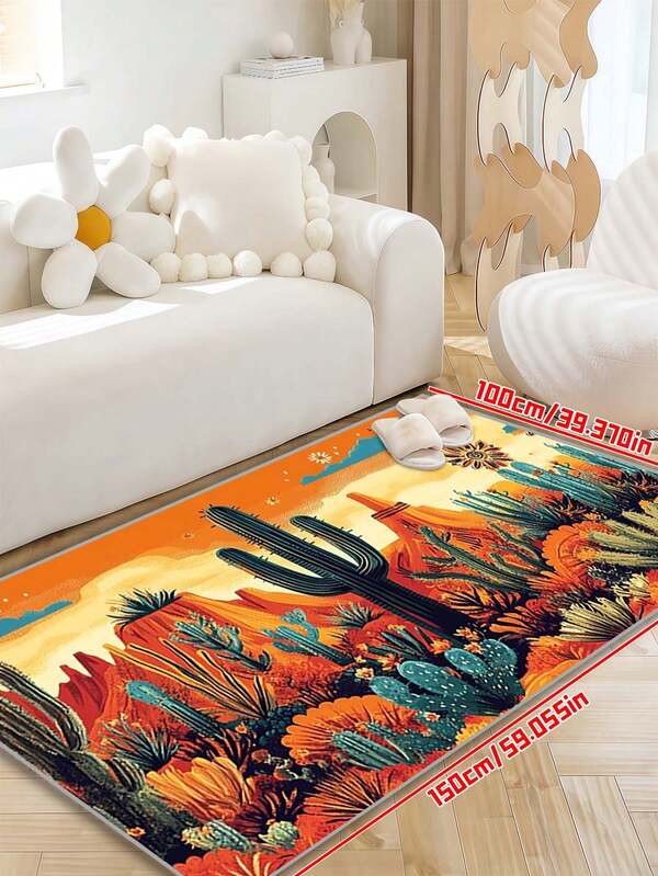 1pc Vibrant Southwest Polyester Fiber Doormat - Modern Home Decor Washable Rug With Cactus And Figures Design
