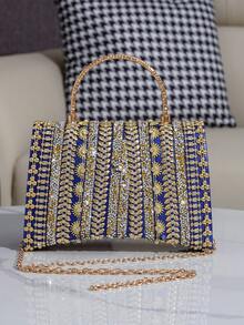 Sac de soirée à embellissement de strass fait à la main, sac à main élégant pour femmes pour soirée, convient pour banquet, bal de promo, mariage - Bleu azur - Voir 8