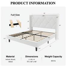 SHA CERLIN Full/Queen/King Velvet Upholstered Bed Frame With Charging Station, Modern Wingback Storage Headboard, Diamond Stitched & Gold Trim, No Box Spring Needed, Easy Assembly, White - Xem 9