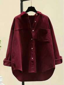 Damen Cord Hemd - Burgunderroter Kragen Langarm Top, 100% Polyester maschinenwaschbar, eleganter Lässig Unifarbe Alltagskleidung, geeignet für alle Jahreszeiten - Bordeaux - Übersicht 1