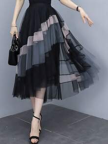 秋冬新款拼接网纱多层不对称下摆半身裙，百搭弹力腰褶裥纱裙，柔美浪漫风 - 黑色 - 查看 5