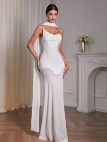 Women Solid Valentine Dress Bodycon Bandage Dress Strapless Mesh Maxi Dresses,Sexy Backless,See Through,Elegant Dress With Scarf,Celebrity Evening Runway Party Dresses, Women Evening Gown,Christmas Dress,New Year Dress For Women