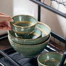 2pcs Handmade Vintage Ceramic Bowls - Thickened Green Gold Glaze Noodle Bowls, Suitable For Tossed Salads, Rice, Fruits - Durable Rustic Style Kitchen Utensils, Ideal For Family Dining And Gatherings, Fruit Bowls | Traditional Tableware | Dotted Green Glaze - Multicolor - View 8