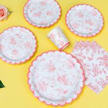 100pcs Pastel Pink Chinoiserie Floral Shaped Party Tableware Set, 7/9 Inch Disposable Paper Plates, Cups And Napkins, Pink Chinoiserie Theme Paper Plates, Birthday Decor Party Supplies - Multicolor - View 4