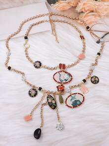 1对复古高端几何花朵树脂吊坠耳环，夸张造型女士耳环 - 花卉飛鶴流蘇項鍊 - 查看 5