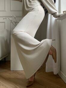 abyoxi 女士杏色罗纹针织竖条纹修身鱼尾长裙，抽绳腰带，复古优雅，简约休闲，适合日常出行、通勤、约会、正式晚宴、新年等场合，秋冬修身美人鱼裙 - 杏色 - 查看 5