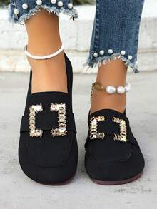 Women's Round Toe Flat Loafers, 2025 New Soft Bottom Slip-On Shoes With Rhinestones, Square Buckle Flat Canvas Shoes, Moccasins - Black - View 5