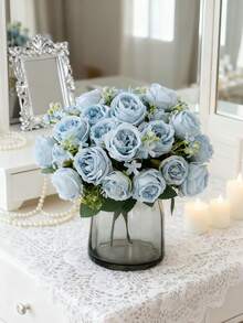1/80支浪漫丝绸牡丹绣球花束人造花装饰，塑料手捧花，适用于婚礼/家居/卧室/客厅/餐桌装饰/新娘捧花/母亲节 - 淺藍色 - 查看 3