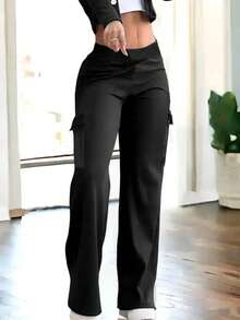 VIVINA 女士纯色口袋工装高腰休闲百搭简约设计长裤，秋冬款，黑色 - 黑色 - 查看 4