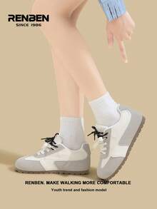 RENBEN 1 双复古风格系带拼接女鞋，轻便休闲软底透气运动鞋，时尚赛车鞋，2025 年春秋季新品 - 灰色 - 查看 11