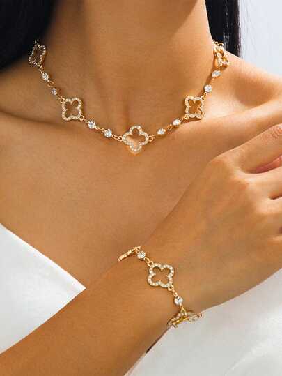 1pc Romantic, Delicate, Luxurious, Elegant, Sweet, Lucky Hollow Golden Four-Leaf Clover Pendant Necklace & 1pc Bracelet Women Jewelry Set