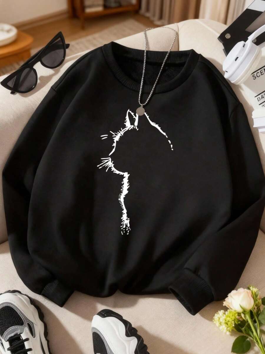 Hombre004 Parte superior de ropa para casa, cómoda y abrigada Sudadera de cuello redondo de moda,top deportivo y jersey informal con envío local desde México Camiseta negra con diseño atractivo de gato, perfecta para combinaciones estilosas y comodidad diaria - Negro - Ver 1