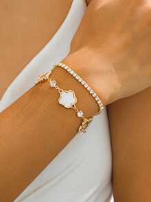 1 Set Gelang Mewah Rhinestone Bentuk Daun Semanggi Berongga & Pentagram Putih, 1 Gelang Elastis Rhinestone, Set Gelang Wanita - Putih - View 2