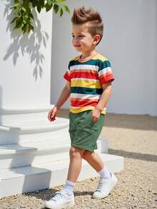 4-8岁男童彩色条纹上衣和卡其色短裤套装，轻便舒适，适合游乐场、海滩和日常穿着 - 墨綠色 - 查看 4