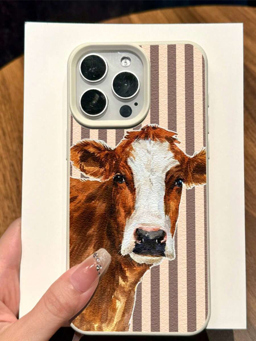 Vertical Striped Creative Cow Print Pattern Phone Case, White Leather Texture TPU Soft Shell, Compatible With IPhone XR 11 12 13 14 15Plus 16Pro Max 17Air Series, Suitable As A Gift For Family And Friends - Multicolor - View 1