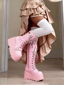 Goth Platform Boots For Women Back To School Punk Motorcycle Boots Mid Calf Round Toe Boots Back Zip Wedges Fall Boots - Hồng - Xem 9