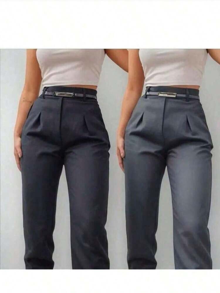 Women's Tailored Dress Pants – High Waist | Simple Elegance And Comfort Polyester Pocket Zipper Button Office - 灰色 - 查看 2