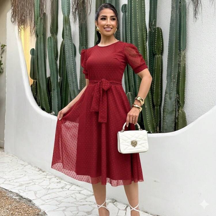 Tulle Midi Dress With Godet Cut, Evangelical Fashion, Congress Style, Elegant And Casual - 紅色 紅色 - 查看 1