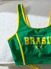 Conjunto de Maiô biquini Casual de Férias com Estampa de Letras do Brasil, Primavera Verão 2026 modinha blogueirinha basico dia dia casual para copa do mundo amarelo e verde biquini para verão copa do brasil - Verde - Visão 8
