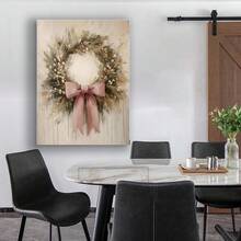Franed Vintage Christmas Floral Poster - Pink Wreath With Bow In Soft Pastel Whites, Beiges, -  Canvas Wall Art -  Holiday Home Decor, Housewarming Gift - Minimalist Winter Decoration, Festive Room Accent, Neutral Color Decor, Handcrafted Look, Highquality Print, Interior Design Enthusiasts Christmas Wall Art - 框架 - 查看 5
