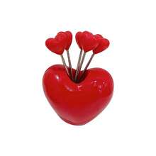 5/10支装心形水果叉，创意不锈钢水果签，可爱甜点蛋糕开胃菜串 - 紅色 - 查看 6