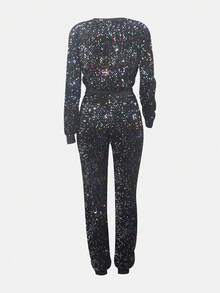 Dazzling Women's Sequin Embellished Two Pieces Outfit, Long Sleeve Round Neck Top With Matching Slim Pants, Ideal For Parties,Ladies' Christmas Luxury Set,Long Sleeved Round Neck Top, Ankle Length Pants,Christmas Women's Clothing, Halloween Costume,Winter Clothes For Women,Fall Clothes For Women - Multicolor - View 2